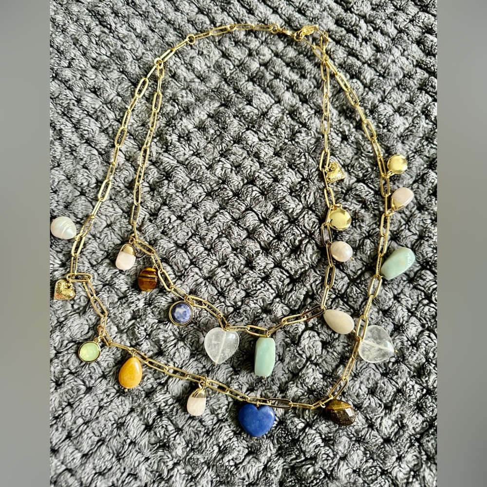Gold plated necklace multi semi precious stones. Pearls, tiger eye,lapis azuli